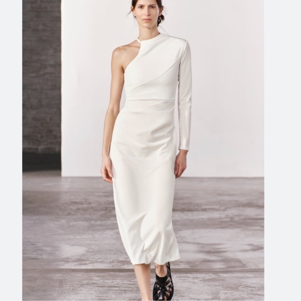 143LT Zara NWT asymmetric choker midi dress white